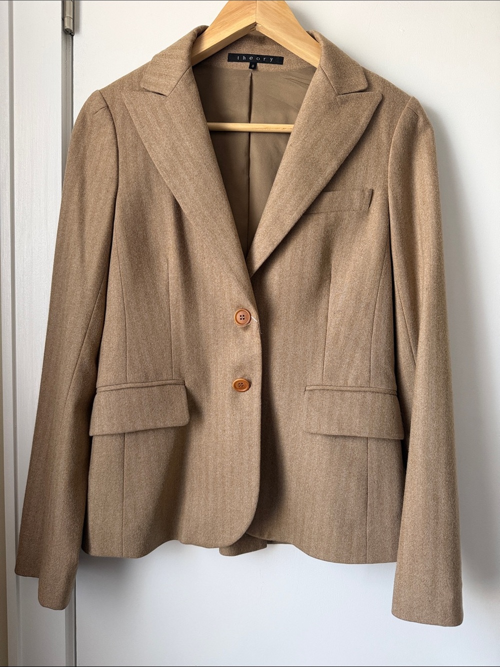 Theory Women's brown Tan Herringbone Wool Single-Breasted Blazer size XS